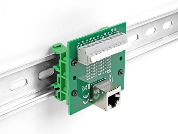 Delock - Nettverksadapter - RJ-50 (hunn) vinklet til 11-pinners terminalblokk - DIN-rail mountable, trykknapp, 3,81 mm stigning, stifttilordning: 1:1