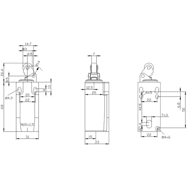 Siemens 3SE52320HE12 3SE5232-0HE12 Asentokytkin 6 A, rullavipu, ruostumattomasta teräksestä valmistettu vipu, muovirulla, IP65, 1 kpl, muovi, IP65,...