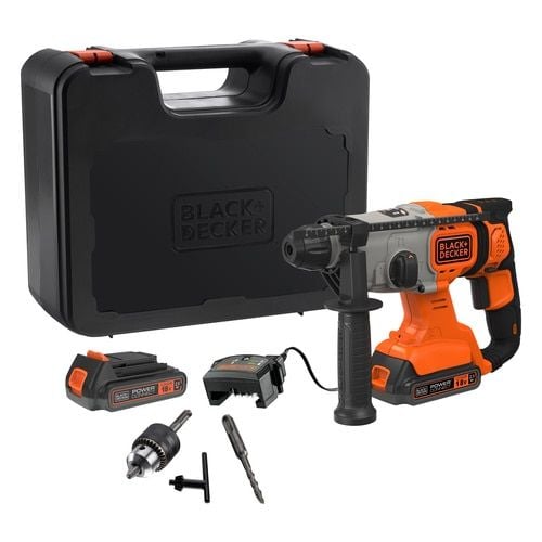BLACK+DECKER BCD900E2K - Roterende hammer - trådløs - 3-modus - SDS-plus - 1.2 joule - 2 batterier - 18 V