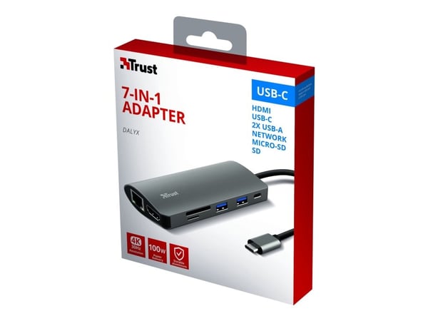 Trust Dalyx, USB Type-C, HDMI, RJ-45, USB 3.2 Gen 1 (3.1 Gen 1), Aluminium, 115 mm, 50 mm, 18 mm