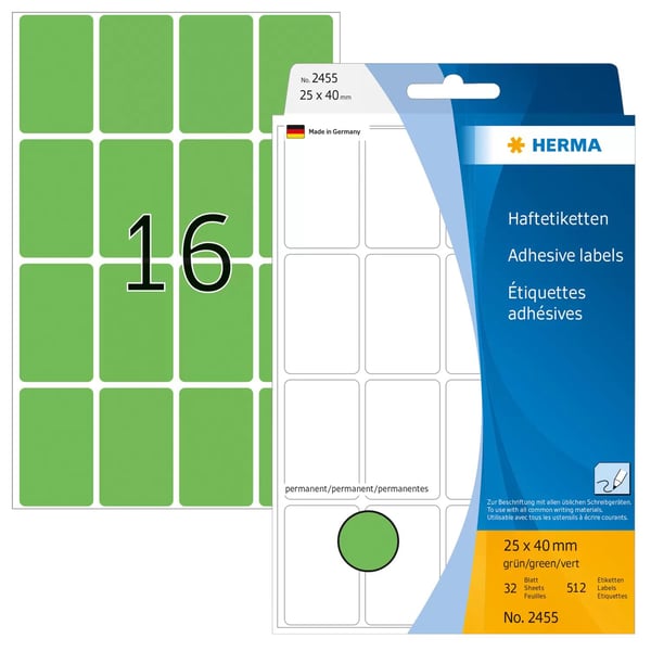 HERMA - Permanet adhesiv - grønn - 25 x 40 mm 512 etikett(er) (32 ark x 16 merkelapper