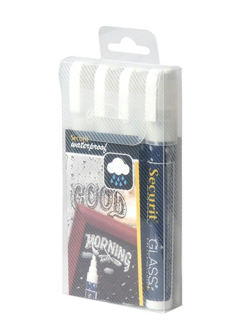 Securit Waterproof Glass + Chalkboard Markers, Medium Nib, Wallet 2-Pack, White (SMA610-V4-WT), Vit, Trubbig, Luktfri, 4 styck