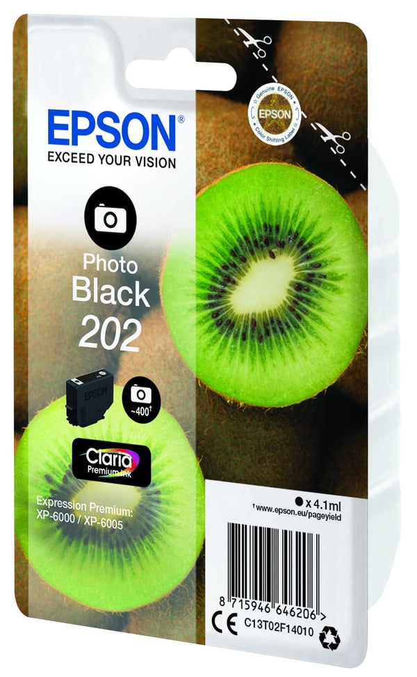 Epson Kiwi Singlepack Photo Black 202 Claria Premium Ink, Perusvärintuotto, Musta, Väripohjainen muste, 4,1 ml, 1 kpl, 400 sivua