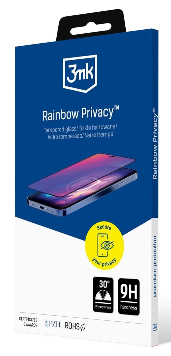 3MK Rainbow Privacy, Apple, iPhone 15 Plus, Antibakteriell, Smutsavvisande, Slagtålig, Reptålig, Svart, Transparent, 1 styck