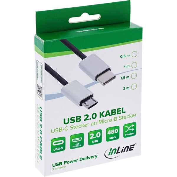 InLine 35846, 0,5 m, USB C, Micro-USB B, USB 2.0, Hankjønn/hankjønn, Svart