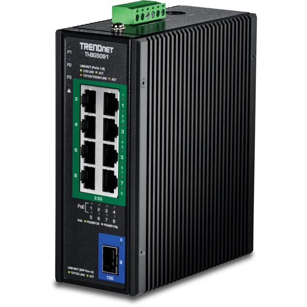 TRENDnet TI-BG5091 - Version v1.0R - switch - industriell - 8 x 10/100/1000/2.5G (PoE++) + 1 x 1 Gigabit / 10 Gigabit SFP+ - DIN-skinnemonterbar, v...