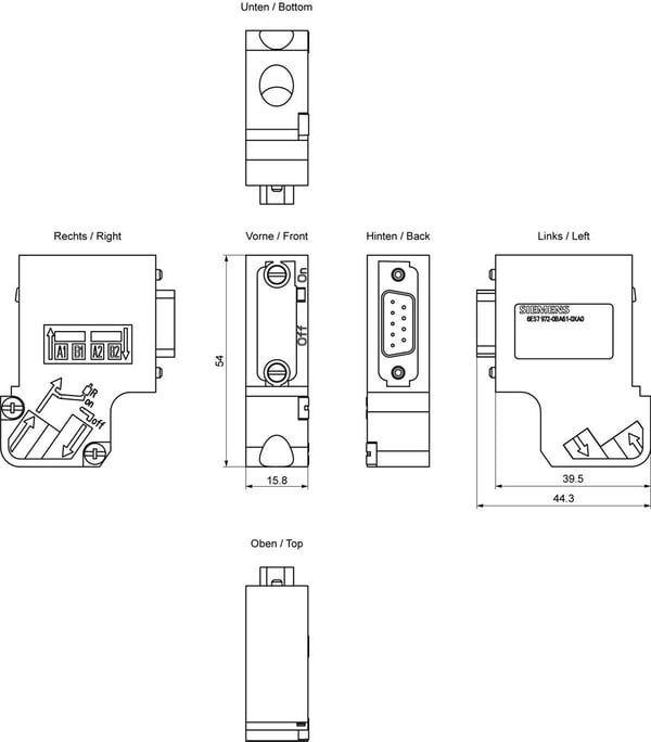 Siemens 6ES7972-0BA61-0XA0, Plast, -40 - 70 °C, CE, RoHS, REACH, 54 mm, 68 mm, 78 mm