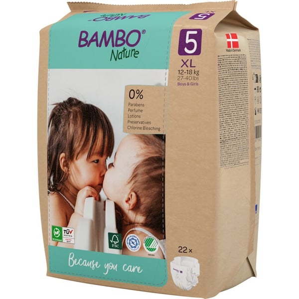 Babybleie, tapebleie, miljømerket, Bambo Nature, 5, papirpose, papirpose, 12-18 kg - (6 pakker x 22 stk.)