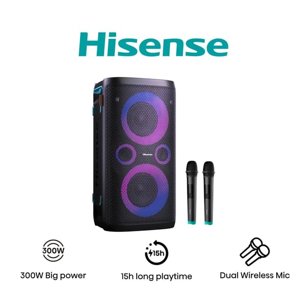 Hisense HP110, 300 W, 40 - 20000 Hz, MP3, WAV, WMA, 13,3 cm (5.25"), Vapaasti seisova PA-järjestelmä, Musta