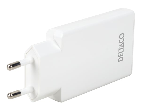 DELTACO USBC-AC201 USB-C-seinälaturi 67 W, 2x USB-C, ohut, valkoinen
