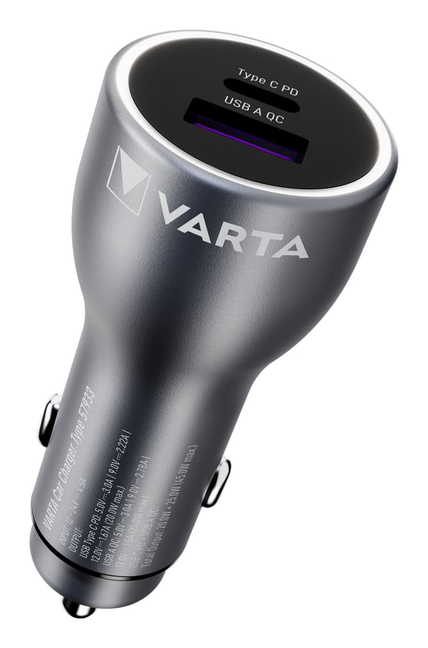 Varta - Strömadapter för bil - 45 Watt - 3 A - QC, PD - 2 utdatakontakter (USB, 24 pin USB-C)