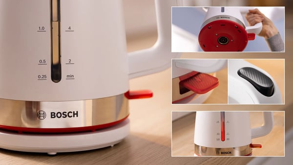 Bosch TWK4M221, 1,7 L, 2400 W, valkoinen, muovi, vesimittari, johdoton