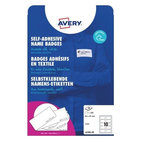 Navneetiketter, Avery L4785-20, 50 x 80 mm, 10 pr. ark, 20 ark