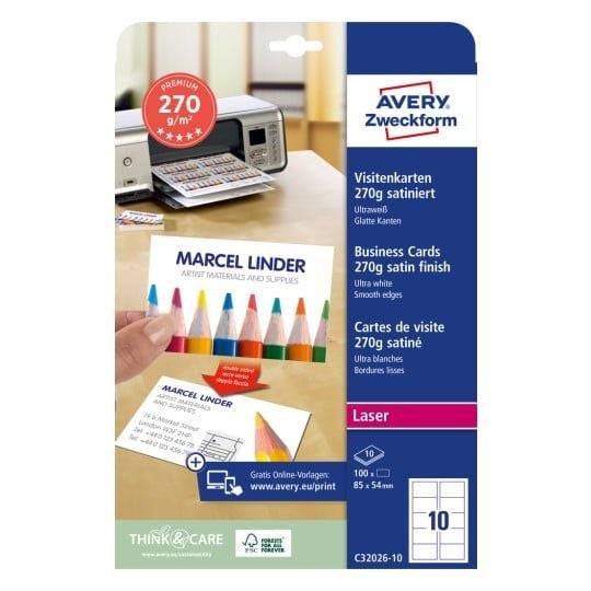 Avery Quick&Clean C32026-10 - Matt - hvit - 54 x 85 mm - 270 g/m² - 100 kort (10 ark x 10) visittkort
