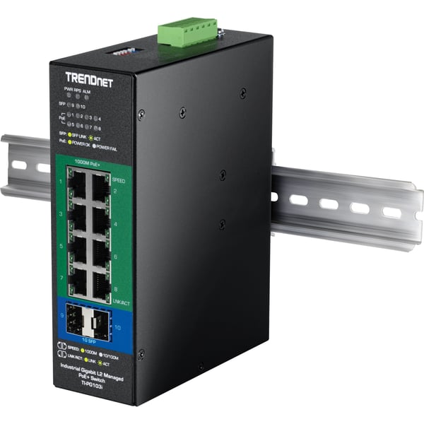 TRENDnet TI-PG103I - Version V1 - switch - industrial, L2, 24-57V - Styrt - 8 x 10/100/1000 (PoE+) + 2 x Gigabit SFP - DIN-skinnemonterbar - PoE+ (...