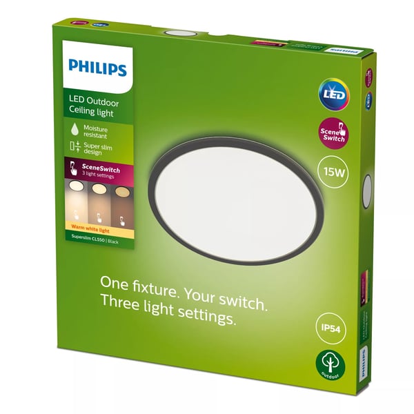 Philips Superslim-taklampe, 15 W, Svart, Metall, Plast, IP54, Terrasse, Hage, II, Tidsriktig
