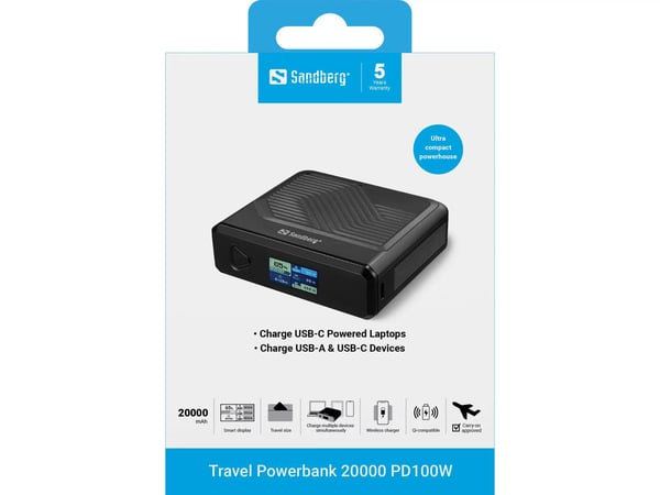 Sandberg Travel - Trådløs nødlader - 5 / 9 / 12 / 15 / 20 V - 100 watt - litiumpolymer - 20000 mAh - 77 Wh - utgangskontakter: 2
