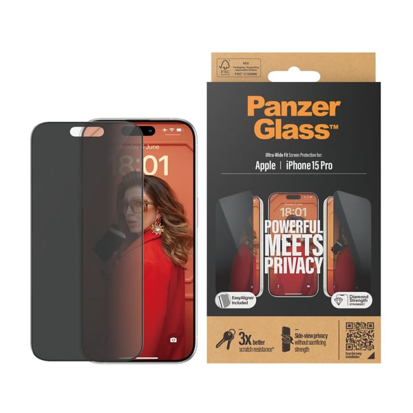 PanzerGlass™ | Ultra-Wide Fit - Skjermbeskyttelse for mobiltelefon - Privacy Edition | Apple iPhone 15 Pro