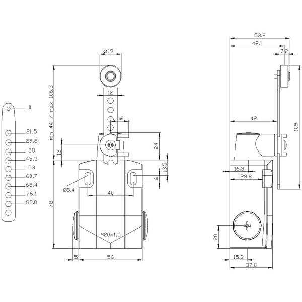 Siemens 3SE51220CH60 3SE5122-0CH60 Asentokytkin 6 A Kääntövipu, metallivipu, muovirulla IP66, IP67 1 kpl, metalli, IP66, IP67, 56 mm, 166,5 mm, 77,...