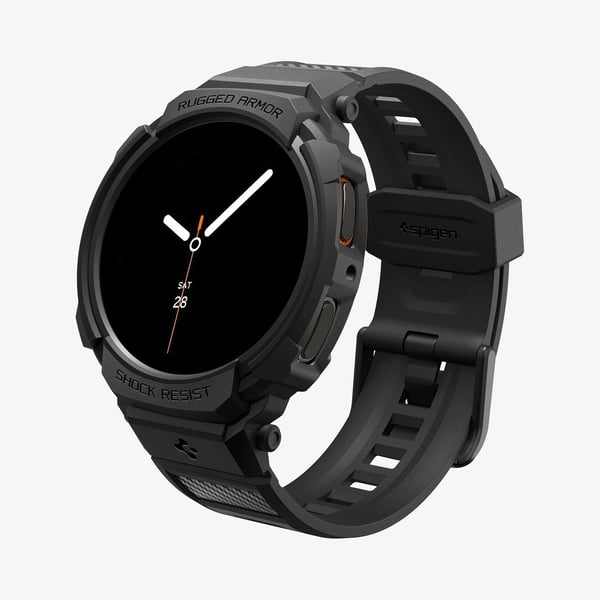 Spigen Rugged Armor Pro, Kotelo + hihna, Älykello, musta, Samsung, Watch 8 (40mm), Termoplastinen polyuretaani (TPU)