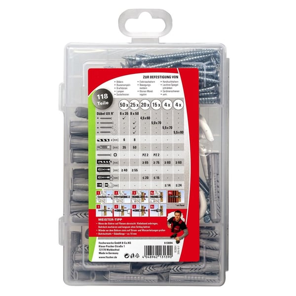 Fischer MEISTER-BOX UX, Ruuvi- ja seinäpistokesarja, Betoni, Harmaa, 75 kpl, Laatikko