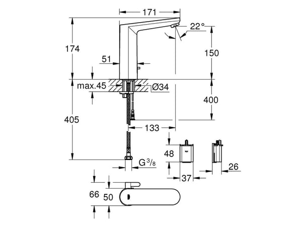 Grohe Eurosmart Cosmopolitan e - kosketusvapaa akku 6V 133 mm nokka käsinpesu n. messinki
