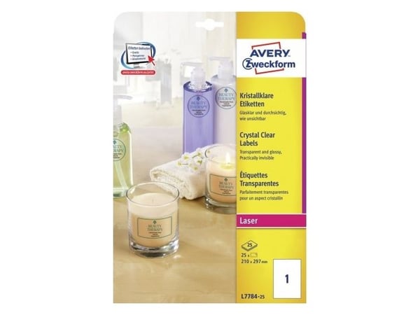 Avery L7784 - Polyester - skinnende - permanent klæbemiddel - klar - A4 (210 x 297 mm) 25 etikett(r) (25 ark x 1) etiketter Avery L7784 - Polyester - skinnende - permanent klæbemiddel - klar - A4 (210 x 297 mm) 25 etikett(r) (25 ark x 1) etiketter