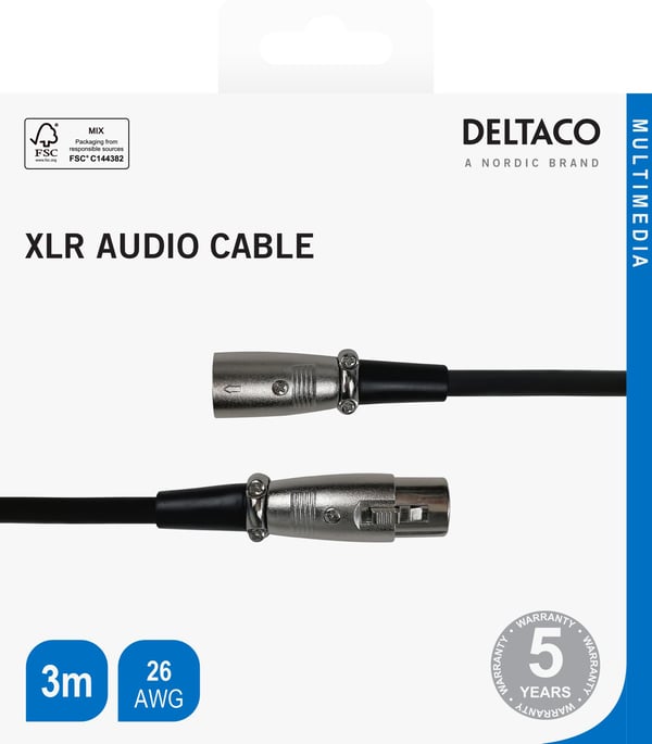 DELTACO - Lydforlengelseskabel - XLR3 hann til XLR3 hunn - 3 m - dobbeltisolert - svart