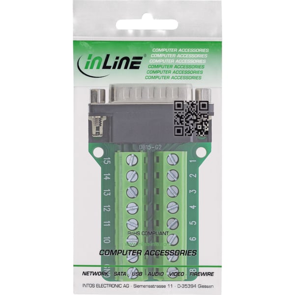InLine 92502B, Terminal block / D-Sub 15, Svart, Grön, Hane/Hona, 26/18, 300 V, 10 mO