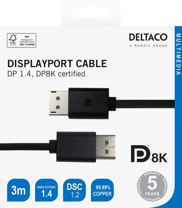 DELTACO - DisplayPort-kabel - DisplayPort (hann) til DisplayPort (hann) - DisplayPort 1.4 - 3 m - 8 K 60 Hz (7680 x 4320) støtte, ikke-låsende - svart
