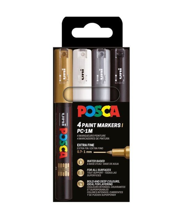 POSCA PC-1M 4st set (svart,vit,guld,silver)
