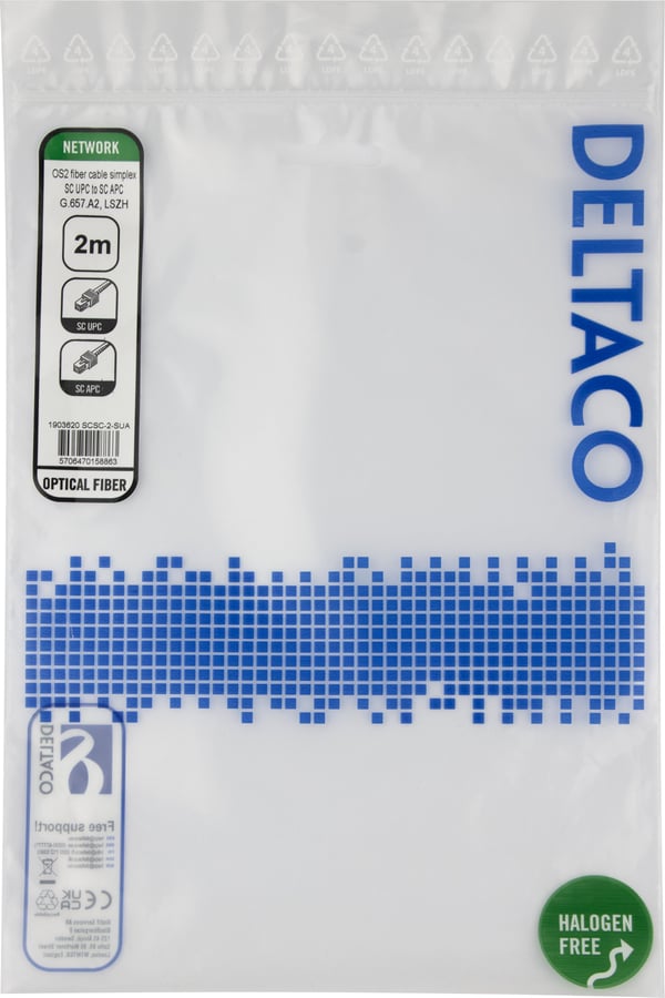 OS2 Fiberkabel, SC - SC, simplex, UPC/APC, 2,0 m