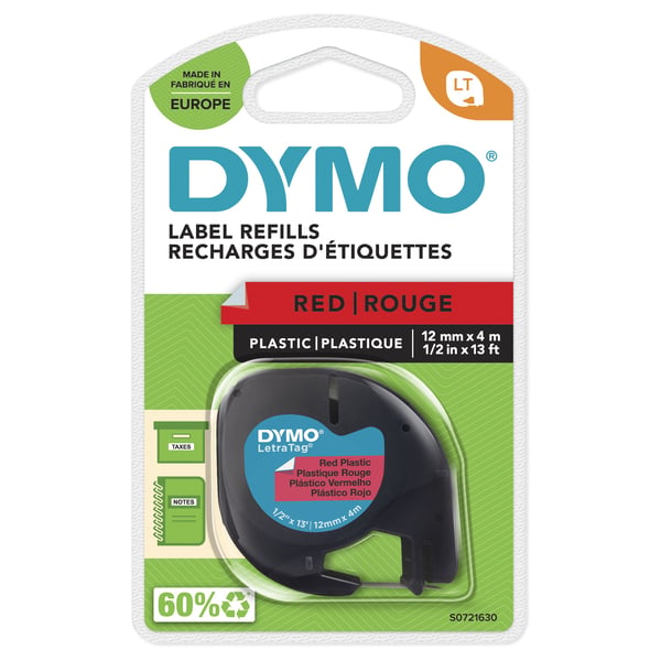Labeltape DYMO LetraTAG 12mm x 4m rød plasttape