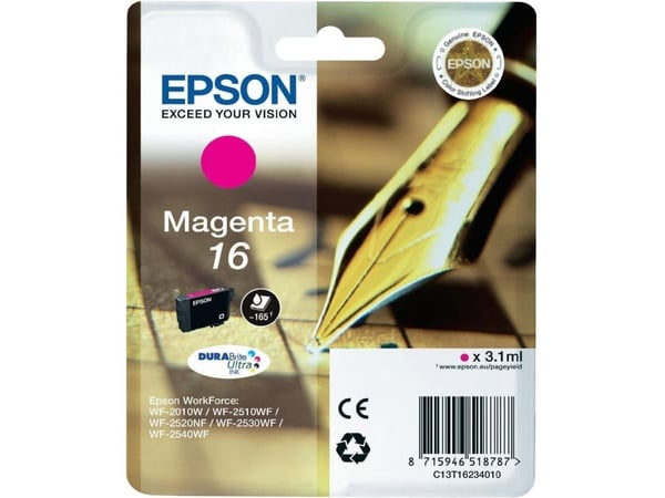 Epson Pen and crossword Singlepack Magenta 16 DURABrite Ultra Ink, Perusvärintuotto, Magenta, Väriainepohjainen muste, 3,1 ml, 1 kpl, Kertapakkaus