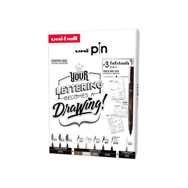 Uni Pin lettering samlingsbox – presentförpackning med övningar (innehåller 8x uni pin + 1 penna 0,5 mm)