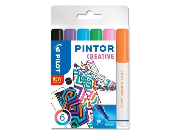 Pilot Pintor Creative, 6 stykker, Limefarget, Sort, Lyseblå, Oransje, Rosa, Fiolett, Fin tupp, Assorterte farger, Rund, 2,3 mm