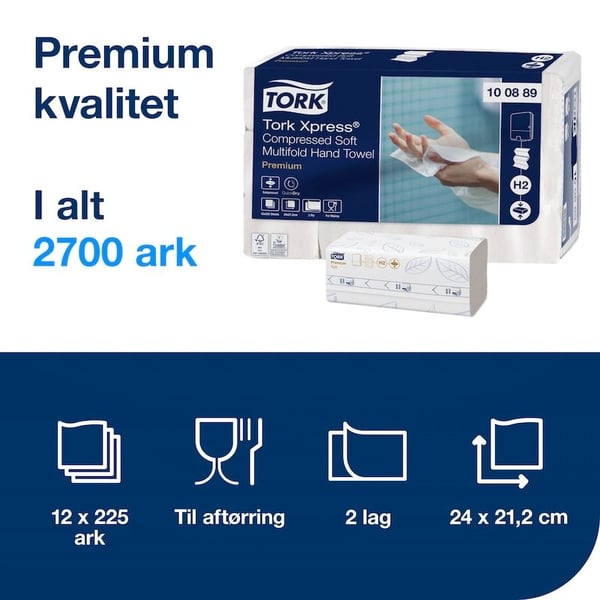 Håndklær Tork H2 Xpress® Premium Z-Fold 2-lags komprimert nyfiber FSC hvit - (12 pakker x 225 stk.)