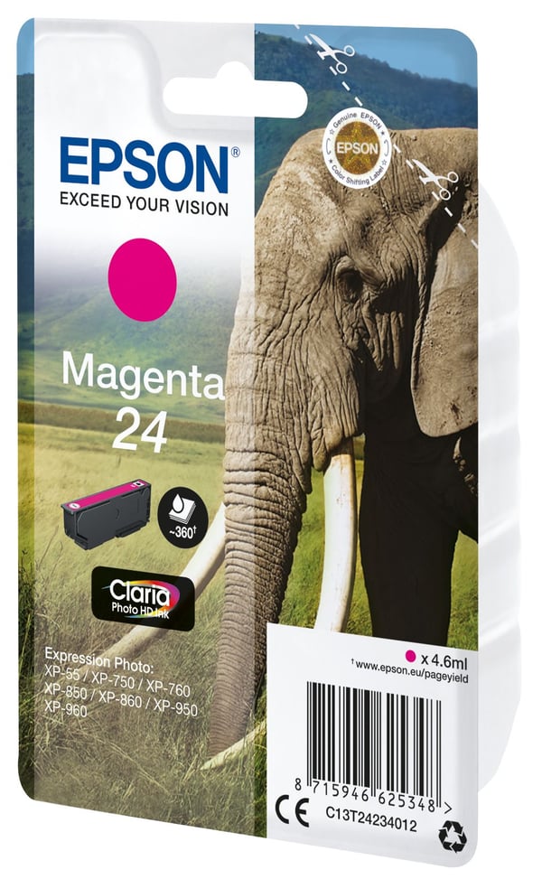 Epson Elephant 24 Norsu Claria Photo HD, yksittäispakkaus, magenta muste, Perusvärintuotto, Magenta, Väriainepohjainen muste, 4,6 ml, 1 kpl, Kertap...