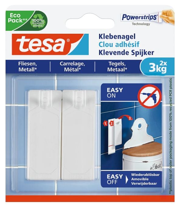 TESA 77763-00000-01, Innendørs, Universalkrok, Hvit, Polystirol, Limstrimmel, 3 kg