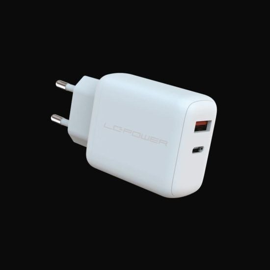 LC Power LC-GAN-45 - Strømadapter - GaN - 45 watt - 3 A - PD 3.0 - 2 utgangskontakter (USB-type A, USB-C) - hvit
