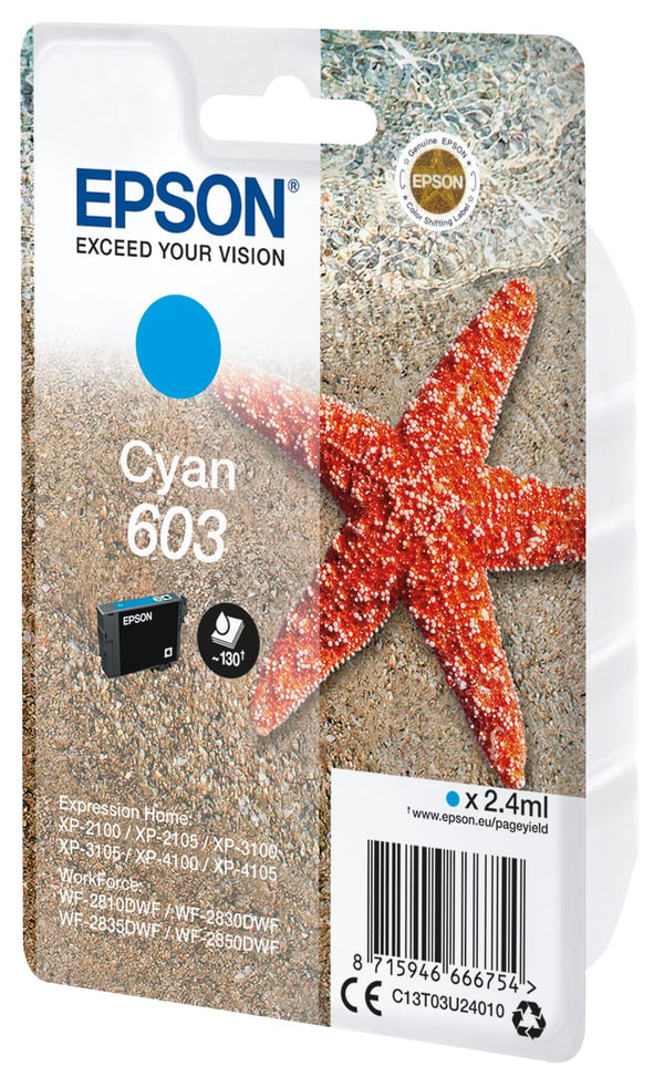 Epson Singlepack Cyan 603 Ink, Perusvärintuotto, Syaani, 2,4 ml, 1 kpl, Kertapakkaus