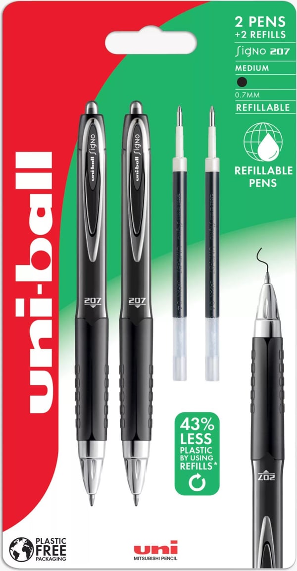 Uni-ball Signo 207 fine 2stk Sorte rollerpenne+ 2stk refills. Med behageligt gummigreb, stregbredde 0,5mm Uni-ball Signo 207 fine 2stk Sorte rollerpenne+ 2stk refills. Med behageligt gummigreb, stregbredde 0,5mm