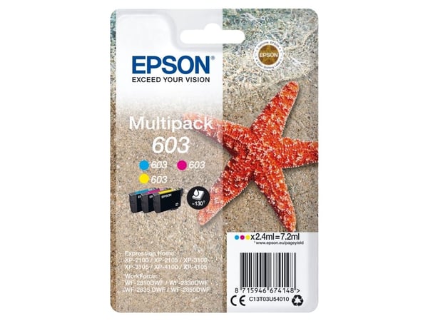 Epson Multipack 3-colours 603 Ink, Perusvärintuotto, Syaani, Magenta, Keltainen, 2,4 ml, 1 kpl, 130 sivua, Monipakkaus