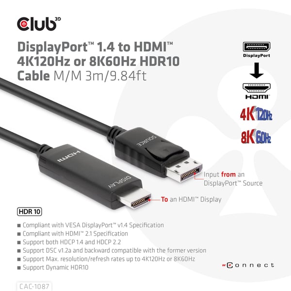 Club 3D CAC-1087 adapterkabel DisplayPort til HDMI 3 m 4K 120 Hz/8K 60 Hz