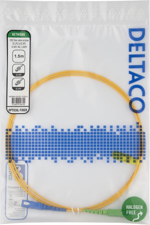 OS2 Fiberkabel, SC - SC, simplex, UPC/APC, 1,5m