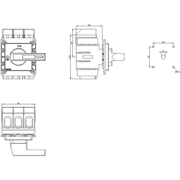 Siemens lastbryter, rød, gul, 3-polet, 185 mm², 160 A, 690 V/AC, 3LD23050TK13, 3P, IP65, 169 mm, 220 mm, 305 mm, 200 mm