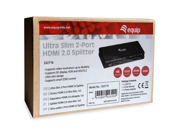 Utstyr 332716, HDMI, 2x HDMI, 3840 x 2160 piksler, Sort, Aluminium, 4K Ultra HD