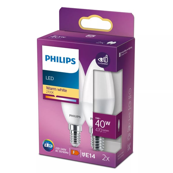 Philips Mignon, 40 W, B35, E14 x 2, 5 W, 40 W, E14, 470 lm, 15000 timer, Varm hvit