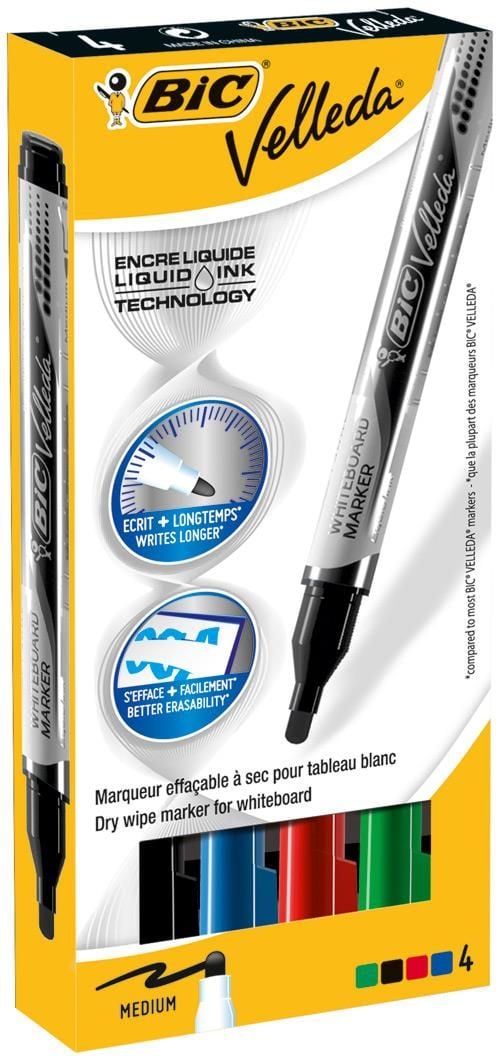 BIC VELLEDA - Markering - icke-permanent - för whiteboard - svart, röd, blå, grön - alkoholbaserat bläck - 2.2 mm (paket om 4)