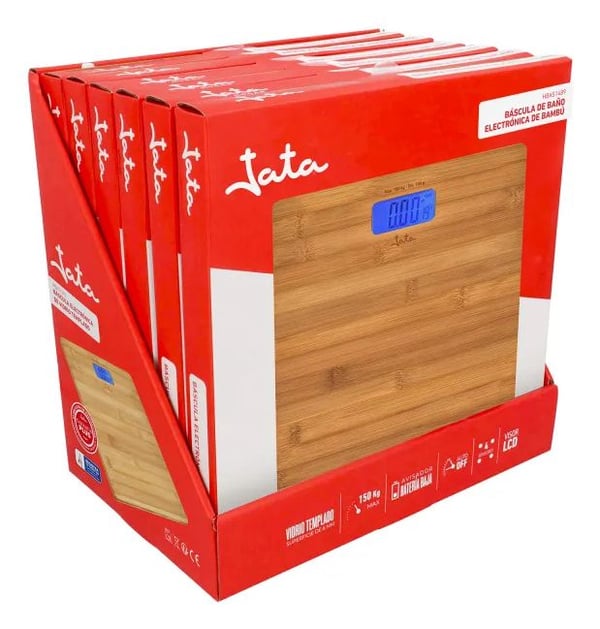 JATA HBAS1489, Sähkökäyttöinen henkilövaaka, 180 kg, 100 g, Bamboo, kg/lb, Neliö